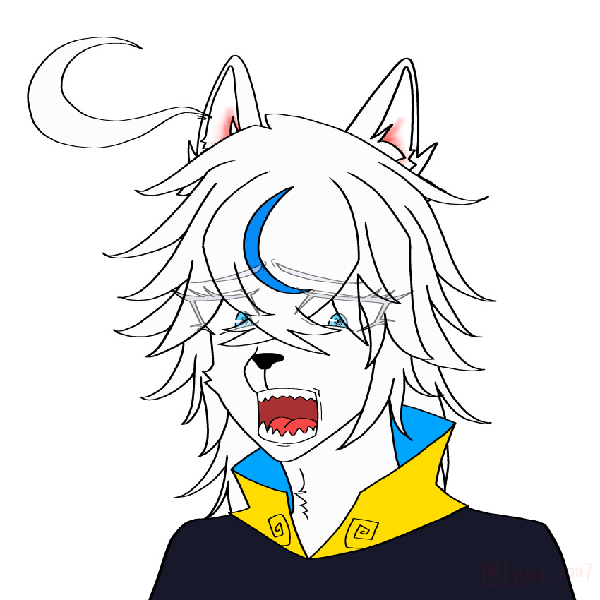 absurd_res blue_eyes canid canine canine_teeth canis domestic_dog dull_hair female fur hair hi_res humanoid humor husky leica_2007 mammal nordic_sled_dog open_mouth spitz white_body white_fur white_hair
