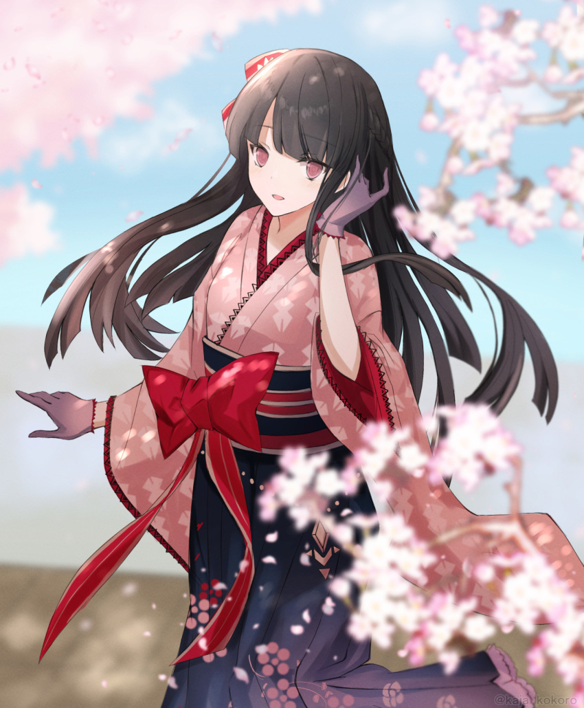 1girl black_hair bow cherry_blossoms dress gloves hair_ornament hakama highres japanese_clothes long_hair looking_at_viewer obi personification pink_dress pink_eyes red_bow red_ribbon ribbon sash suishinshi_masahide_(tenka_hyakken) tenka_hyakken