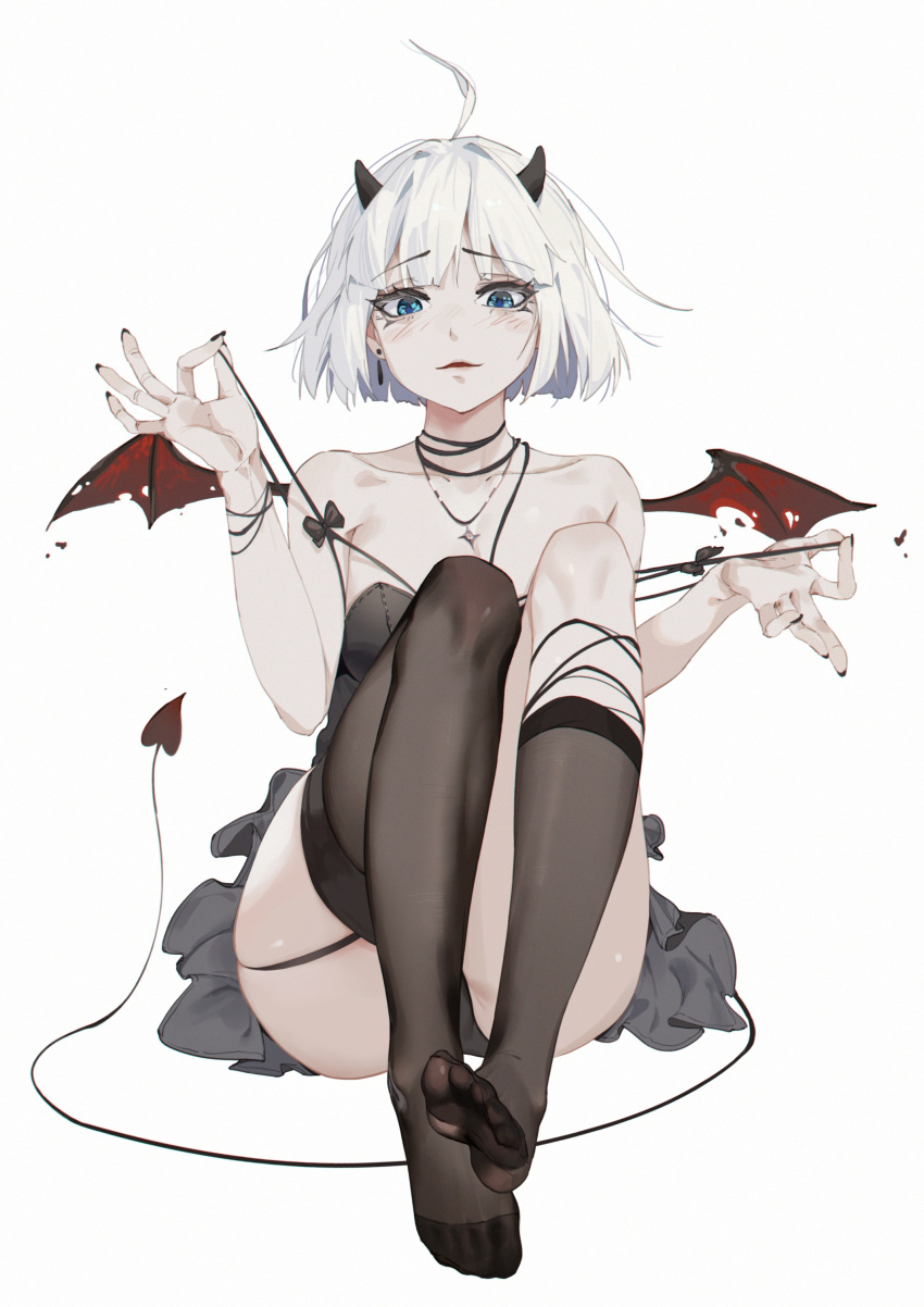 1girl absurdres ahoge asymmetrical_legwear bare_arms bare_shoulders bat_wings black_dress black_socks black_thighhighs blue_eyes blush collarbone cross cross_necklace demon_girl demon_horns demon_tail dress earrings feet full_body highres horns jewelry kneehighs looking_at_viewer mismatched_legwear necklace original pugongying red_wings short_dress short_hair simple_background single_earring single_kneehigh single_sock single_thighhigh sitting skindentation small_horns socks solo straight-on tail thighhighs toes torn_wings undressing white_background white_hair wings