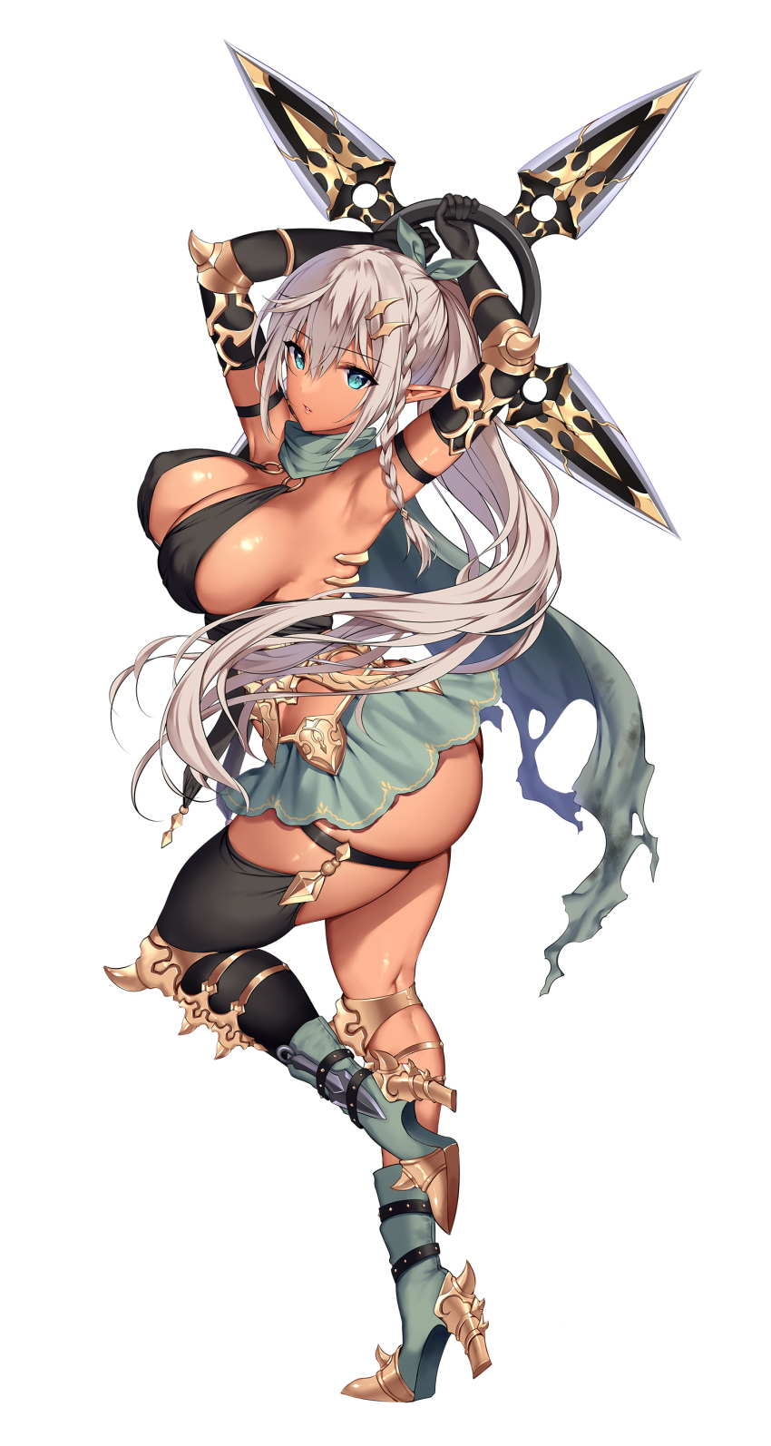 1girl absurdres aqua_eyes armlet armpits arms_up ass bare_shoulders black_gloves black_thighhighs blue_eyes boots bow braid breasts camilla_(elf_village) cleavage covered_nipples dark-skinned_female dark_elf dark_skin elbow_gloves elf elf_village from_side full_body fuuma_shuriken gloves gold_trim green_bow green_footwear green_skirt hair_between_eyes hair_bow hair_ornament high_heels highres holding holding_shuriken holding_weapon knee_boots knee_up large_breasts long_hair looking_at_viewer mataro_(matarou) microphone microskirt navel ninja no_panties o-ring o-ring_top official_art open_mouth original pointy_ears ponytail shiny_skin shuriken side_braid single_thighhigh skirt solo standing standing_on_one_leg thigh_strap thighhighs thighs transparent_background very_long_hair weapon white_hair