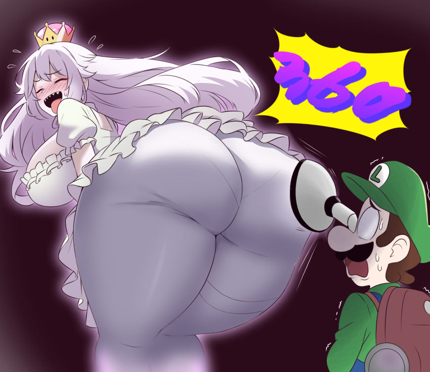 1boy 1girl amogan ass ass_focus blank_eyes blush breasts brown_hair closed_eyes commentary_request dress facial_hair feet_out_of_frame flying_sweatdrops from_behind green_shirt hat highres huge_breasts leaning_forward long_hair luigi luigi's_mansion mario_(series) mustache open_mouth pantyhose poltergust_5000 princess_king_boo puffy_short_sleeves puffy_sleeves sharp_teeth shirt short_hair short_sleeves simple_background size_difference suction_cups super_crown tall_female teeth thick_thighs thighs tongue tongue_out white_dress white_pantyhose