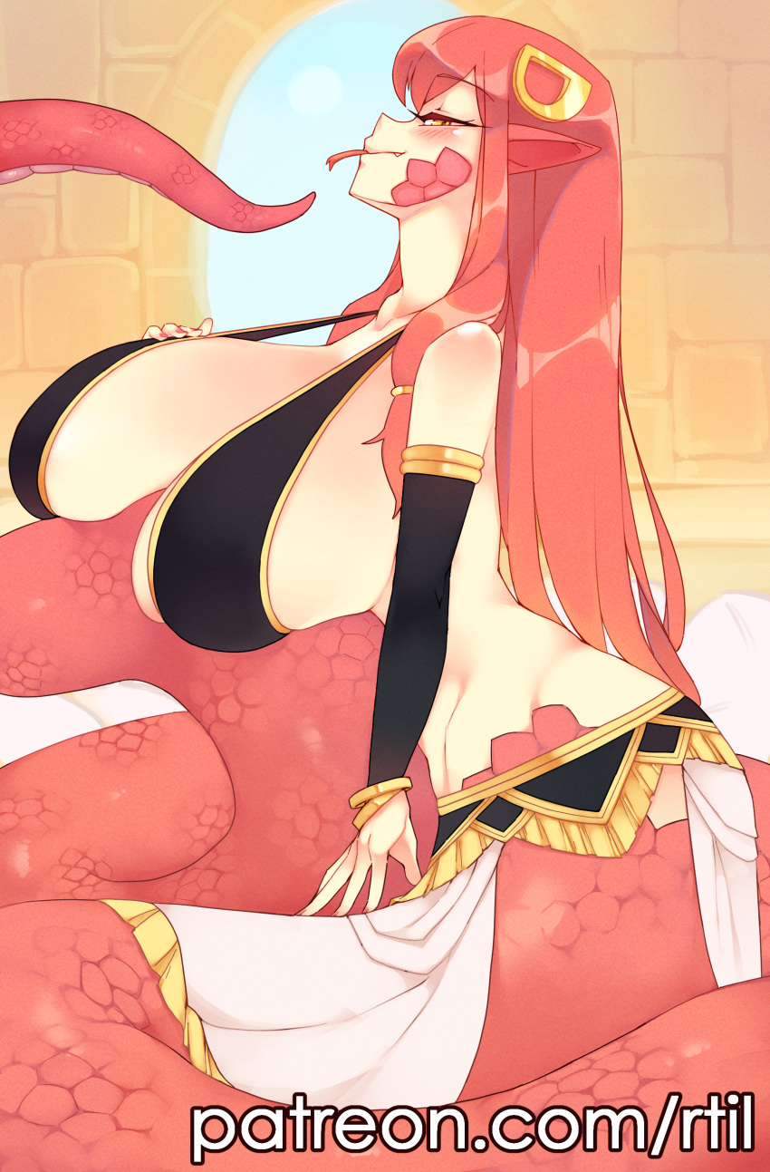 absurdres artist_name blush bracelet breasts detached_sleeves fang forked_tongue from_side highres huge_breasts jewelry lamia long_hair long_tongue looking_at_viewer looking_back mature_female miia's_mother monster_girl monster_musume_no_iru_nichijou patreon_username pointy_ears red_hair red_scales rtil scales smile tongue unaligned_breasts web_address