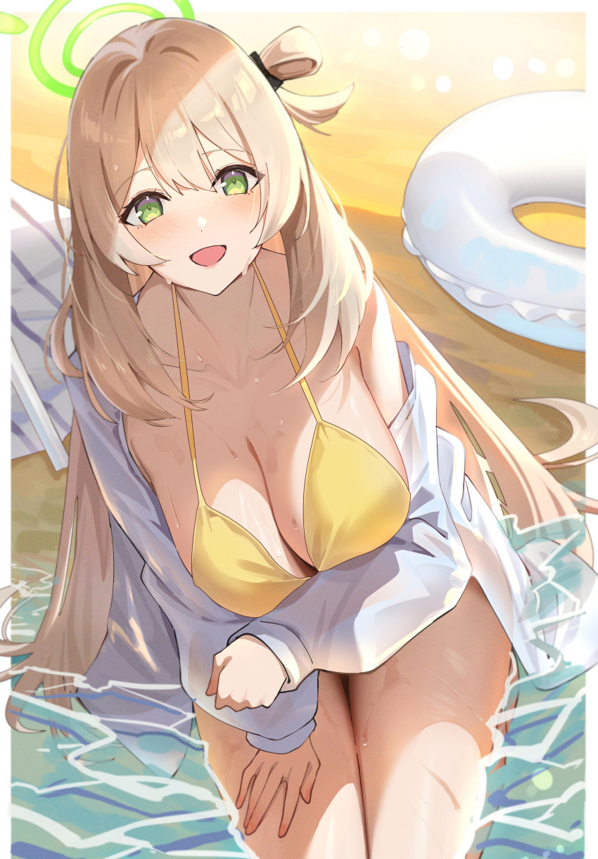 1girl absurdres bare_shoulders beach bikini blue_archive blush breasts cleavage collarbone collared_shirt dress_shirt green_eyes hair_bun halo highres innertube kakumayu large_breasts light_brown_hair long_hair long_sleeves looking_at_viewer nonomi_(blue_archive) nonomi_(swimsuit)_(blue_archive) official_alternate_costume open_mouth shirt shore single_side_bun smile solo swim_ring swimsuit thighs wet white_shirt