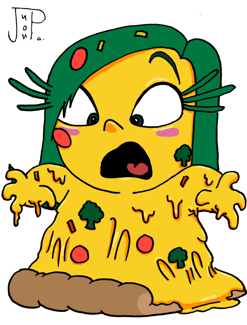 2020 4_fingers absurd_res after_transformation broccoli cheese dairy_products digital_drawing_(artwork) digital_media_(artwork) disgust_(inside_out) disney female fingers food food_creature goo_creature green_eyes green_hair hair hi_res humanoid inside_out juanpadraws melted_cheese open_mouth pepperoni pink_cheeks pixar pizza pizza_crust plant simple_background solo vegetable white_background yellow_body