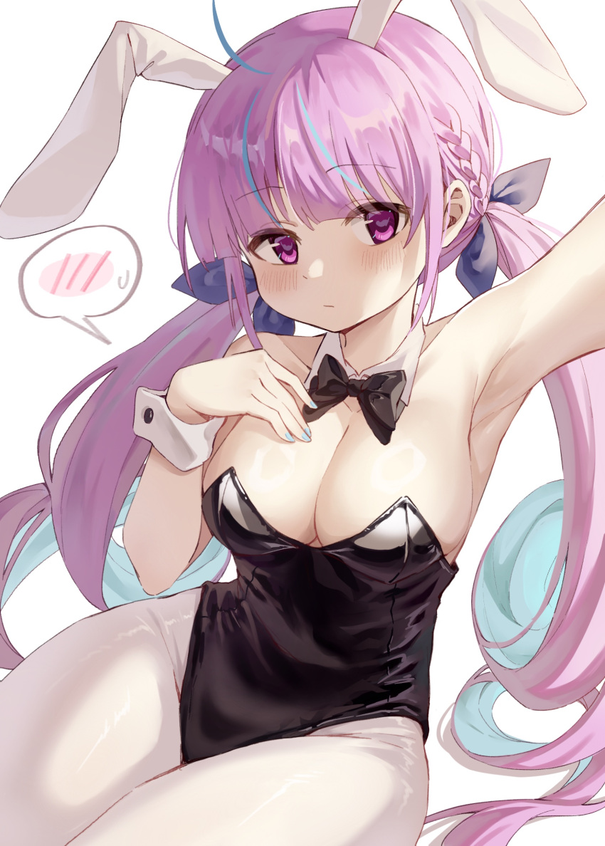 1girl animal_ears black_leotard blue_hair bow bowtie breasts cleavage commentary_request detached_collar highres hololive leotard long_hair looking_at_viewer medium_breasts minato_aqua multicolored_hair pantyhose playboy_bunny rabbit_ears solo spoken_blush strapless strapless_leotard tazaki_yokka two-tone_hair variant_set virtual_youtuber white_pantyhose wrist_cuffs