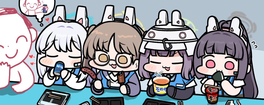 1boy 4girls :3 animal_ears black_hair blue_archive blunt_bangs blush_stickers broken_chopsticks brown_eyes brown_hair chopsticks commentary cup_ramen doodle_sensei_(blue_archive) fake_animal_ears food glasses holding jazz_jack miyako_(blue_archive) miyu_(blue_archive) moe_(blue_archive) multiple_girls onigiri pink_eyes rabbit_ears rabbit_platoon_(blue_archive) saki_(blue_archive) sausage sensei_(blue_archive) shin_ramyun tablet_pc thought_bubble wide_face