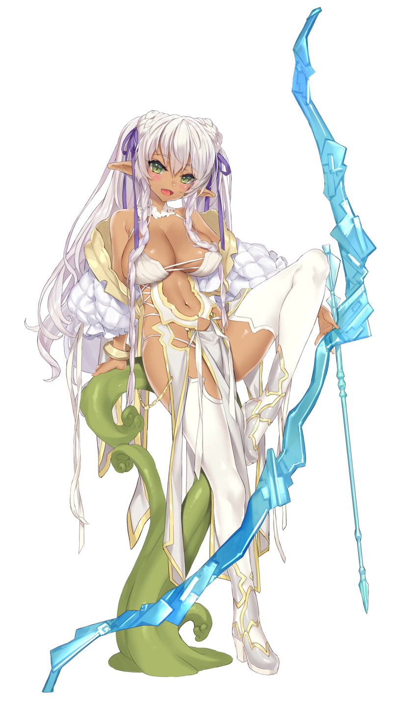 1girl :d bare_shoulders bow bow_(weapon) bracelet braid breasts cleavage collarbone dark-skinned_female dark_elf dark_skin elf elf_village eyelashes full_body green_eyes hair_bun hair_ribbon high_heels highres holding holding_bow_(weapon) holding_weapon jewelry knee_up large_breasts long_hair long_pointy_ears looking_at_viewer lyra_(elf_village) navel official_art open_mouth original pelvic_curtain pointy_ears purple_ribbon ribbon sitting skindentation smile solo thighhighs tongue transparent_background tsurusaki_takahiro twin_braids twintails very_long_hair weapon white_hair