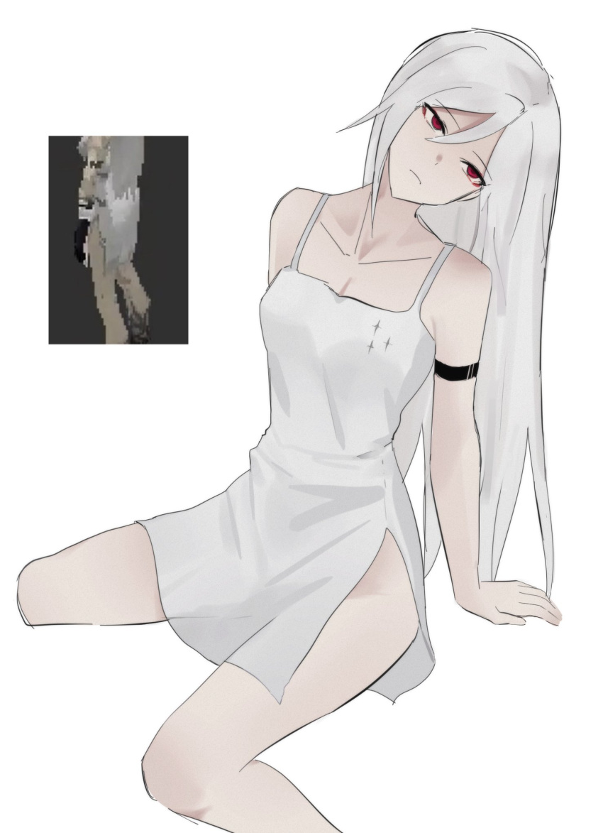 1girl 1yym ariane_yeong highres long_hair looking_to_the_side red_eyes reference_inset signalis solo white_hair