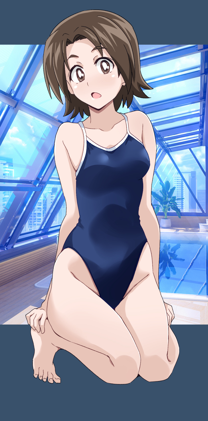 1girl absurdres barefoot blue_one-piece_swimsuit breasts bright_pupils brown_eyes brown_hair commentary full_body girls_und_panzer highres indoors kneeling looking_at_viewer one-piece_swimsuit open_mouth outside_border parted_bangs ponzu_rui rei_no_pool sawa_azusa school_swimsuit short_hair small_breasts solo swimsuit white_pupils