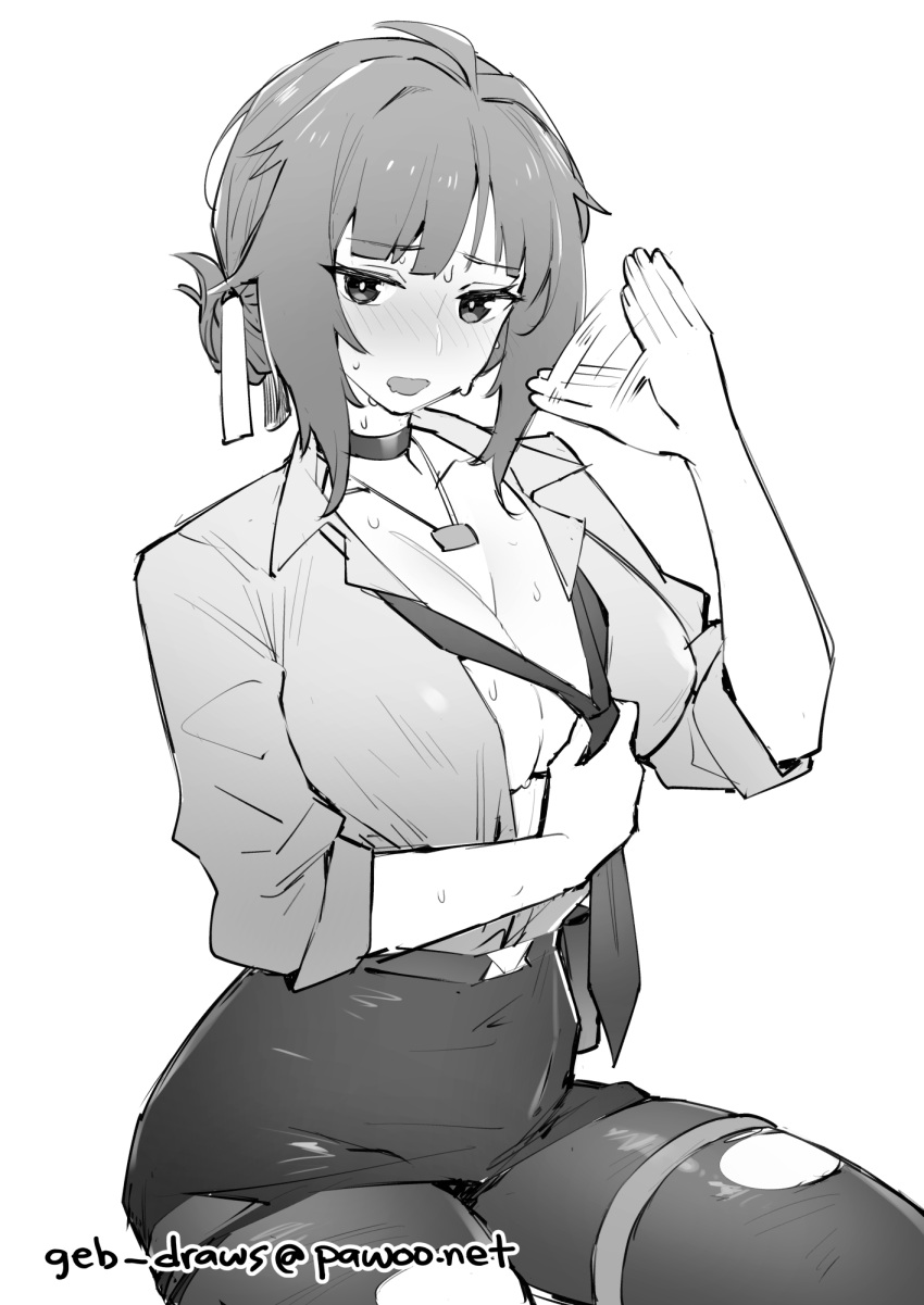 1girl blush breasts choker cleavage commission fanning_self ge-b girls'_frontline greyscale grizzly_mkv_(elite_on_patrol)_(girls'_frontline) grizzly_mkv_(girls'_frontline) highres holding_necktie jewelry large_breasts loose_necktie monochrome necklace necktie official_alternate_costume open_mouth pantyhose partially_unbuttoned pencil_skirt shirt short_hair sidelocks simple_background sitting skirt solo sweat torn_clothes torn_pantyhose unbuttoned unbuttoned_shirt