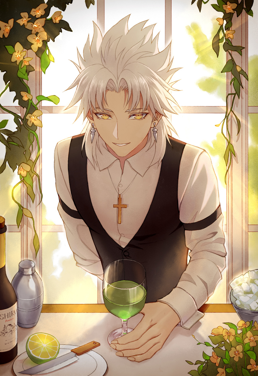 1boy absurdres alternate_costume amakusa_shirou_(fate) black_vest collared_shirt cross cross_necklace dark-skinned_male dark_skin earrings elaine-didaea fate/grand_order fate_(series) highres jewelry long_sleeves male_focus necklace priest shirt short_hair smile vest white_hair yellow_eyes