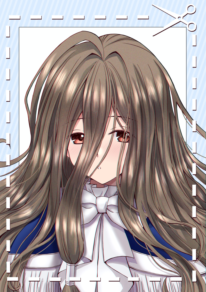 1girl absurdres blue_background blue_capelet blush bow brown_eyes brown_hair capelet commentary_request hair_between_eyes hair_tubes highres long_hair looking_at_viewer parted_lips sawwei005 scissors sense_(sousou_no_frieren) solo sousou_no_frieren white_background white_bow