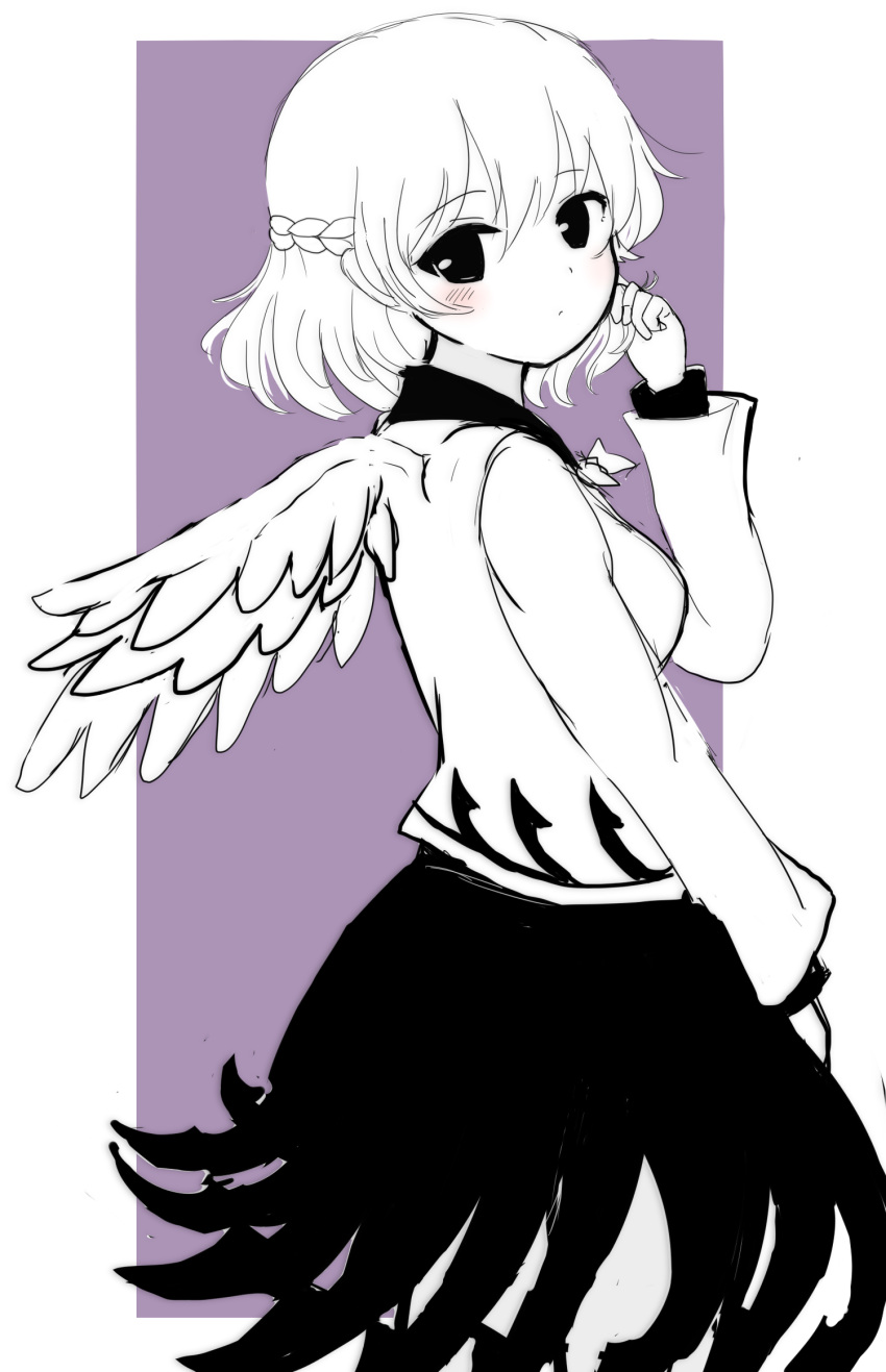 blush bow bowtie feathered_wings greyscale_with_colored_background highres holding holding_hair kishin_sagume looking_at_viewer rei_(tonbo0430) short_hair single_wing skirt solo tagme touhou wings