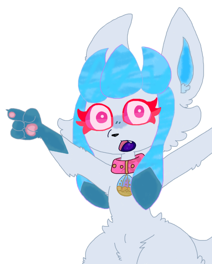 absurd_res accessory anthro blue_body blue_fur blush collar colored digital_media_(artwork) eeveelution fan_character female feral fur generation_4_pokemon gesture glaceon hand_gesture hi_res inner_ear_fluff looking_at_viewer mammal meme nintendo offaly_(kabsfy) open_mouth paws pink_collar pink_eyes pointing pointing_at_viewer pokemon pokemon_(species) shiny_glaceon sosu-the-blue-wolf suprised_look teeth tongue tuft white_body white_fur