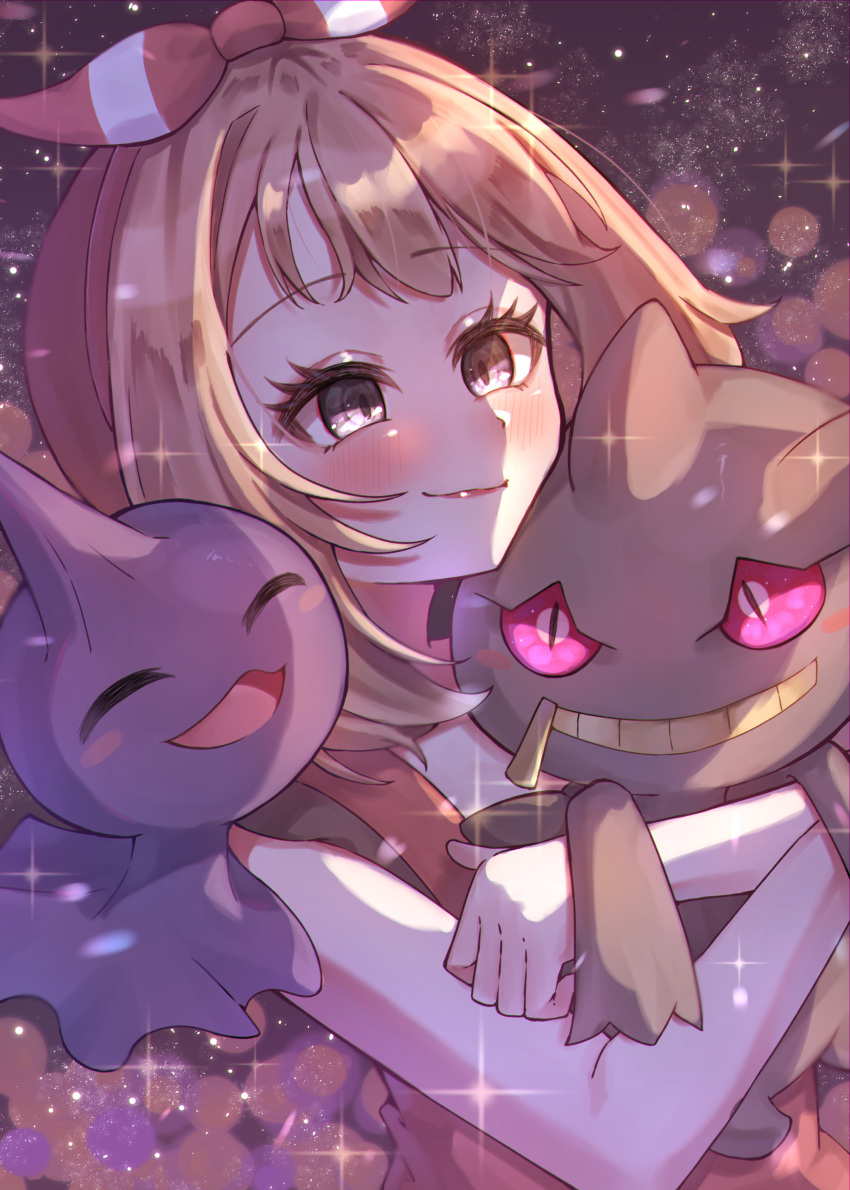 1girl absurdres banette blush bow brown_hair closed_mouth eyelashes grey_eyes hair_bow highres holding holding_pokemon hug may_(pokemon) pokemon pokemon_(creature) pokemon_oras red_bow red_shirt shirt shuppet sleeveless sleeveless_shirt smile tomu_(adamu_shiny) upper_body