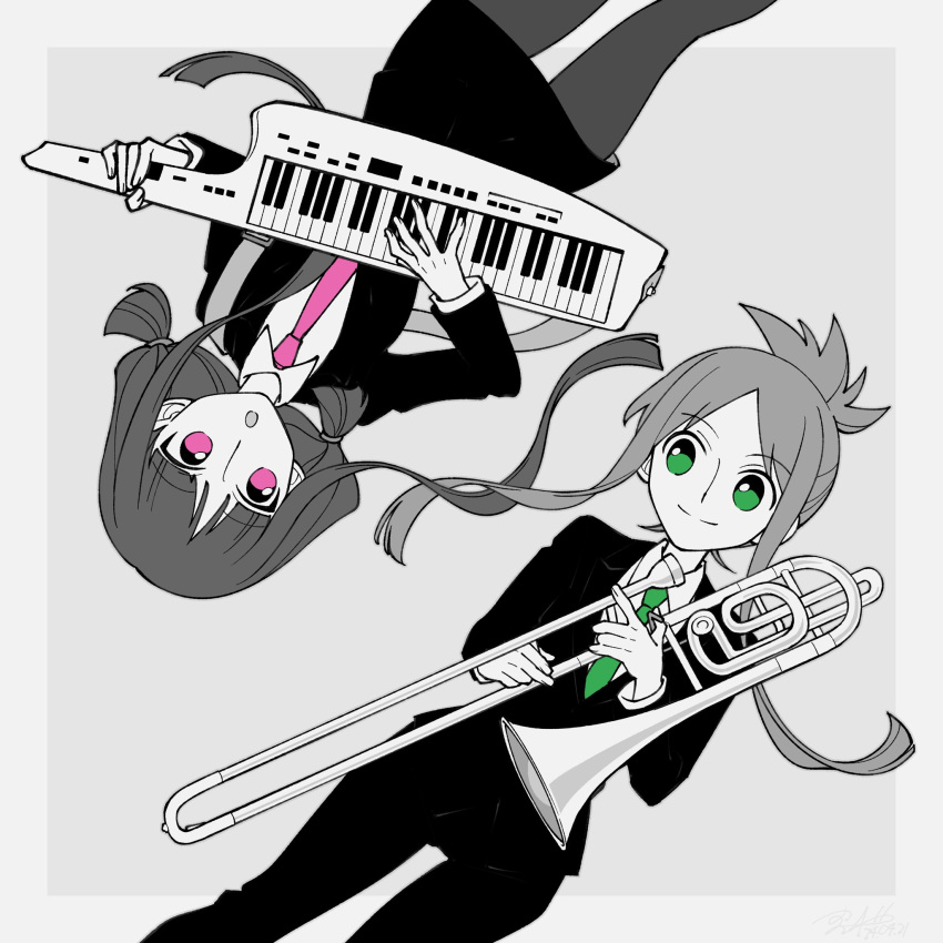 2girls black_skirt green_eyes green_necktie grey_background highres holding_trombone instrument long_sleeves multiple_girls music necktie nishida_satono pink_eyes pink_necktie playing_instrument puffy_long_sleeves puffy_sleeves rotational_symmetry shikido_(khf) skirt smile suit teireida_mai touhou