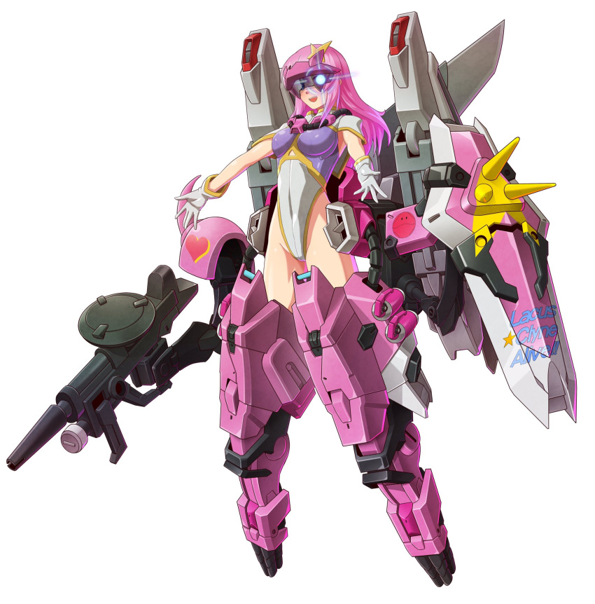 1girl adapted_costume armor breasts capelet cosplay gloves gun gundam gundam_seed gundam_seed_destiny hair_ornament highleg highleg_leotard highres ibuki_sakura_(sgw_v07) large_breasts leotard long_hair mecha_musume meer_campbell multicolored_leotard pink_hair simple_background solo star_(symbol) star_hair_ornament visor_cap weapon white_background white_capelet white_footwear white_gloves white_leotard