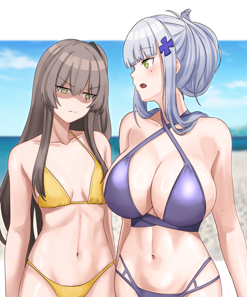 2girls beach bikini blue_eyes blue_hair blue_sky breast_envy breasts brown_hair cloud cyka day folded_ponytail girls'_frontline green_eyes highres hk416_(girls'_frontline) horizon large_breasts long_hair multiple_girls ocean one_side_up outdoors purple_bikini scar scar_across_eye sidelocks sky small_breasts swimsuit ump45_(girls'_frontline) yellow_bikini yellow_eyes