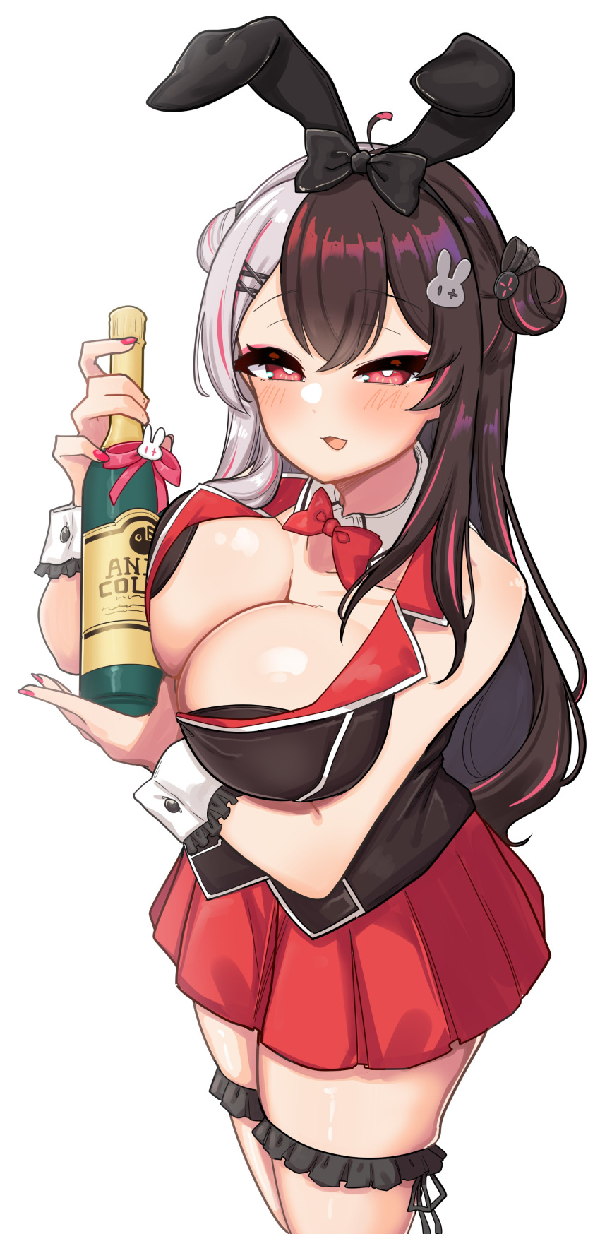 1girl absurdres alcohol animal_ears black_bow black_hair black_vest bottle bow bowtie breasts bridal_garter bright_pupils collar detached_collar double_bun fake_animal_ears grey_hair hair_bow hair_bun hair_ornament hairclip highres holding holding_bottle large_breasts long_hair looking_at_viewer miniskirt multicolored_hair nagmo_chaaan nijisanji open_mouth pink_bow pink_nails pleated_skirt plunging_neckline rabbit_ears rabbit_hair_ornament red_bow red_bowtie red_collar red_eyes red_hair red_skirt simple_background skirt solo split-color_hair standing streaked_hair two-tone_hair very_long_hair vest virtual_youtuber white_background white_collar white_pupils wine_bottle wing_collar wrist_cuffs x_hair_ornament yorumi_rena