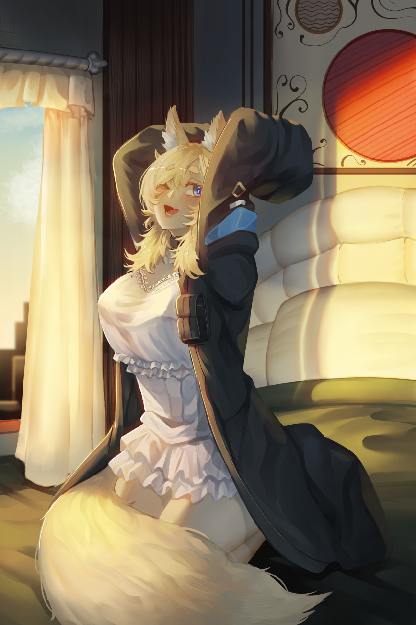 1girl ;d absurdres animal_ear_fluff animal_ears arknights arms_up black_jacket blonde_hair blue_eyes blue_sky blush borrowed_clothes breasts cloud commentary_request curtains day dress frilled_dress frills hair_between_eyes highres horse_ears horse_girl horse_tail indoors jacket kneeling long_sleeves looking_at_viewer medium_breasts najashi one_eye_closed open_clothes open_jacket short_eyebrows sky sleeves_past_fingers sleeves_past_wrists smile solo tail thick_eyebrows whislash_(arknights) white_dress window