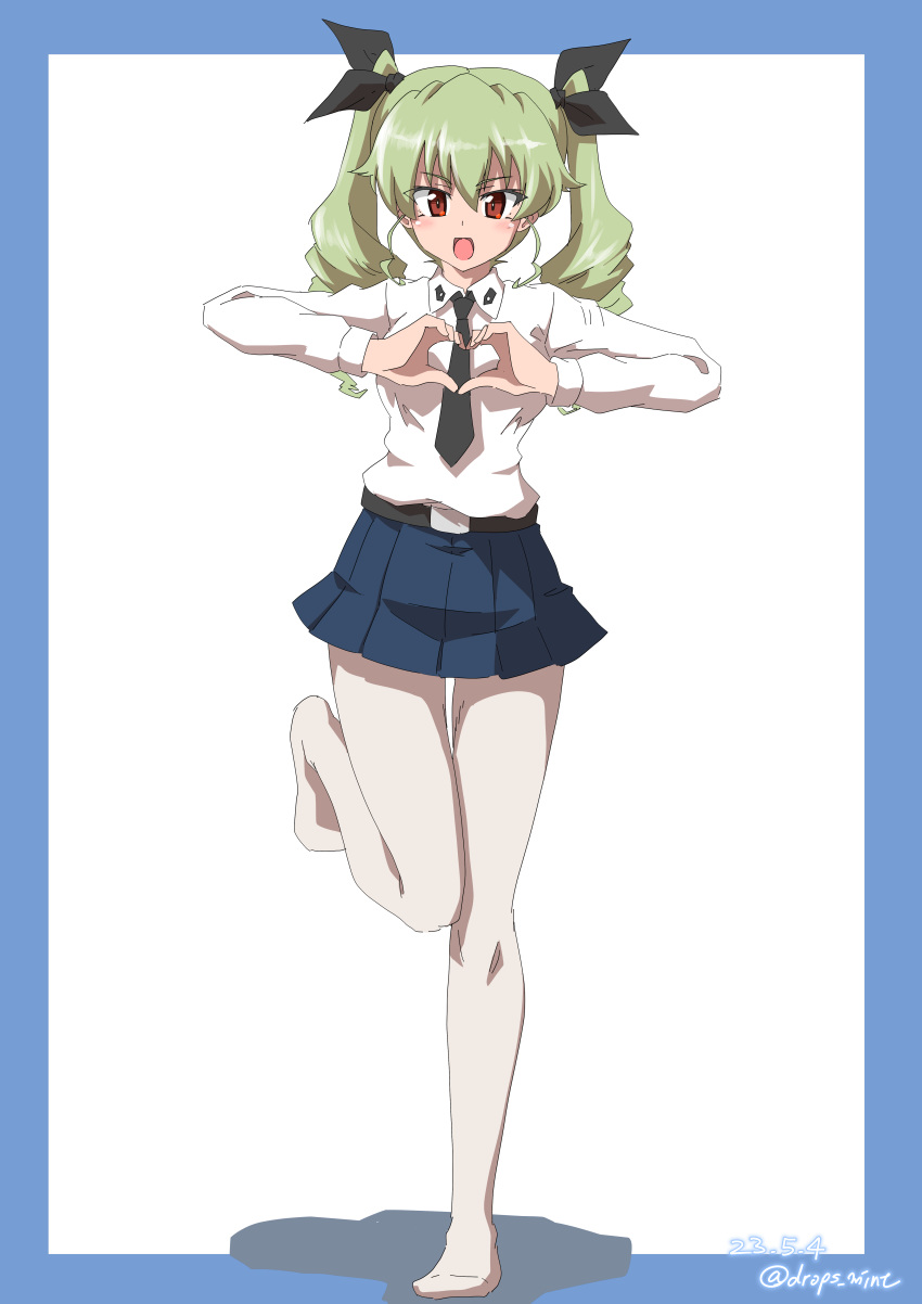 1girl absurdres anchovy_(girls_und_panzer) anzio_school_uniform belt black_belt black_necktie black_ribbon blue_border blue_skirt border dated dress_shirt drill_hair drops_mint full_body girls_und_panzer green_hair hair_ribbon heart heart_hands highres long_hair long_sleeves looking_at_viewer miniskirt necktie no_shoes open_mouth pantyhose pleated_skirt red_eyes ribbon school_uniform shadow shirt skirt smile solo standing standing_on_one_leg twin_drills twintails twitter_username white_pantyhose white_shirt wing_collar