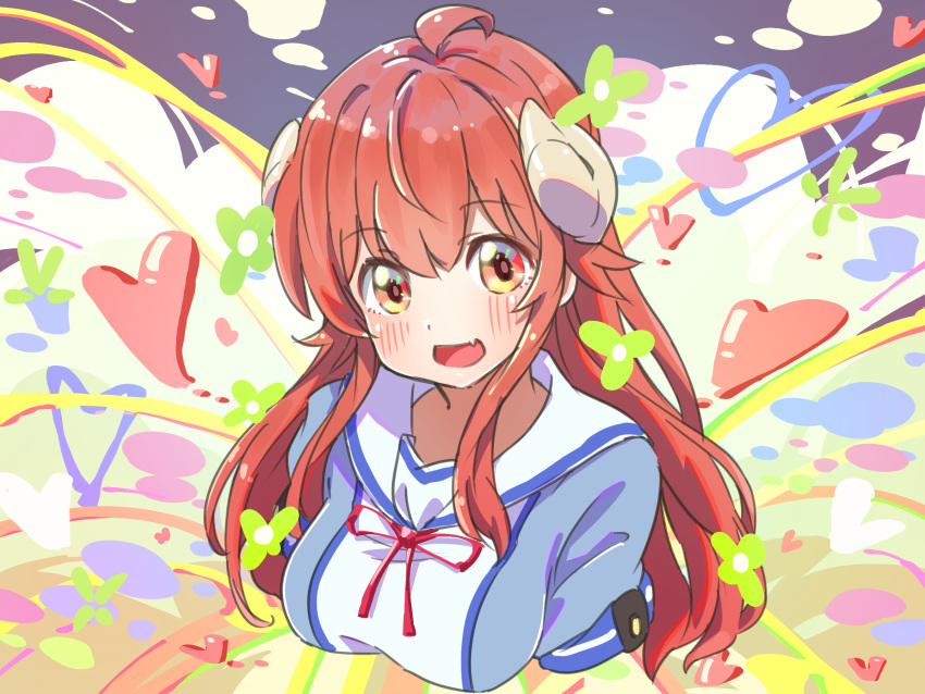 1girl :d ahoge blue_shirt blush breasts bright_pupils brown_eyes commentary_request cropped_torso curled_horns demon_girl demon_horns fang happy heart highres horns icorasama large_breasts long_hair looking_at_viewer machikado_mazoku multicolored_background open_mouth red_hair red_ribbon ribbon sailor_collar school_uniform serafuku shirt sidelocks simple_background skin_fang smile solo tareme two-tone_shirt upper_body white_sailor_collar white_shirt yoshida_yuuko_(machikado_mazoku)
