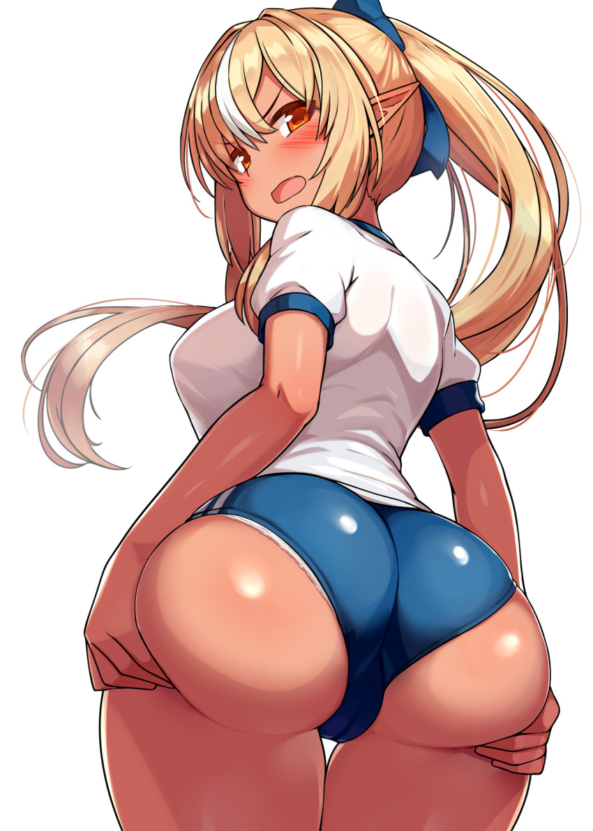 1girl ass ass_grab ass_support blonde_hair blue_buruma blush buruma cameltoe dark-skinned_female dark_skin elf from_behind grabbing_own_ass gym_uniform highres hololive long_hair long_pointy_ears looking_back orange_eyes panties panties_under_buruma pointy_ears ponytail sakanaya_(sakanaya952) shiranui_flare shirt simple_background solo thigh_gap underwear v-shaped_eyebrows very_long_hair virtual_youtuber white_background white_shirt