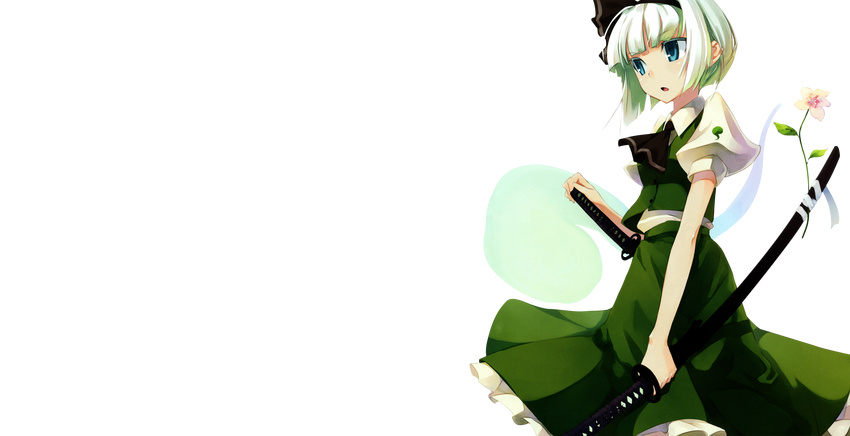 blue_eyes dress dual_wielding female green_dress hairband highres katana konpaku_youmu konpaku_youmu_(ghost) silver_hair sword tanto touhou transparent_background two_swords weapon white_hair