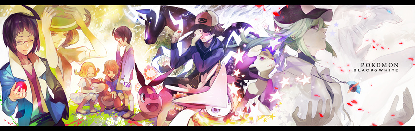 3boys bad_id bad_pixiv_id baseball_cap bel_(pokemon) cheren_(pokemon) closed_eyes gen_5_pokemon hat highres jewelry mienfoo multiple_boys n_(pokemon) necklace nishihara_isao patrat petals poke_ball pokemon pokemon_(creature) pokemon_(game) pokemon_bw reshiram star tepig touya_(pokemon) victini zebstrika