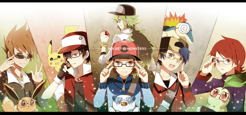 adjusting_eyewear alternate_costume backwards_hat bad_id bad_pixiv_id baseball_cap bespectacled black_hair brown_hair copyright_name cyndaquil eevee fang fingerless_gloves gen_1_pokemon gen_2_pokemon gen_5_pokemon glasses gloves gold_(pokemon) green_hair hat holding holding_poke_ball jacket kohto multiple_boys n_(pokemon) ookido_green oshawott pikachu poke_ball pokemon pokemon_(creature) pokemon_(game) pokemon_bw pokemon_hgss pokemon_rgby red_(pokemon) red_(pokemon_rgby) red_hair silver_(pokemon) touya_(pokemon)