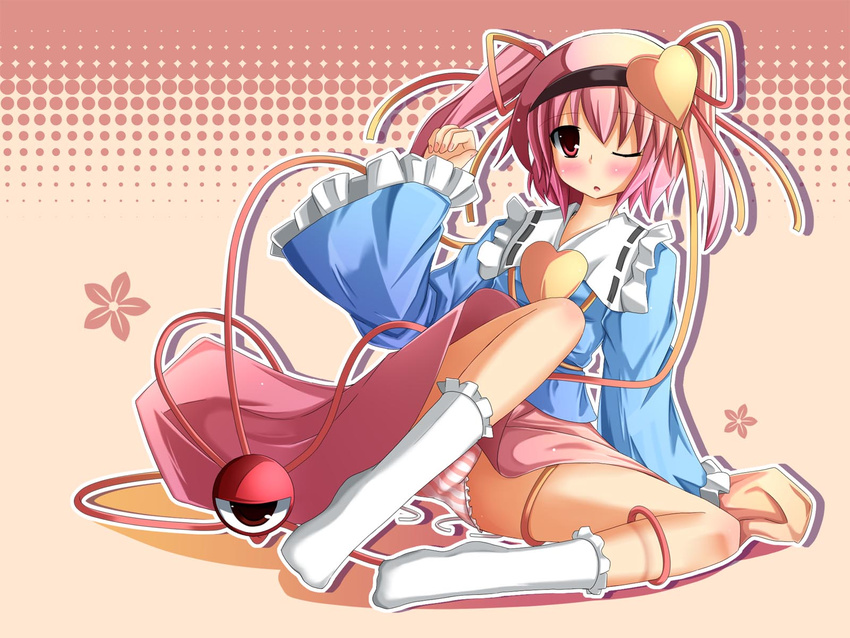 alternate_hairstyle blush eyeball hair_ribbon hairband highres komeiji_satori liya one_eye_closed panties pantyshot pink_eyes pink_hair pink_panties ribbon short_hair sitting socks solo striped striped_panties third_eye touhou twintails underwear white_legwear