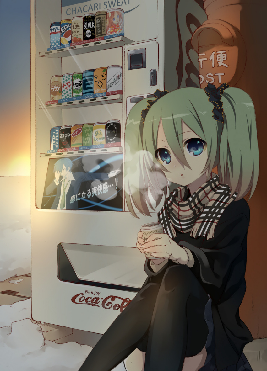 bad_id bad_pixiv_id blue_eyes brand_name_imitation breath c.c._lemon can coca-cola coffee durarara!! energy_tank engrish green_hair hatsune_miku highres japanese_cylindrical_postbox japanese_postal_mark lipton long_hair original pepsi plaid plaid_scarf pocari_sweat postbox_(outgoing_mail) product_placement ranguage rockman sama scarf sitting snow solo tea thighhighs twintails vending_machine vocaloid