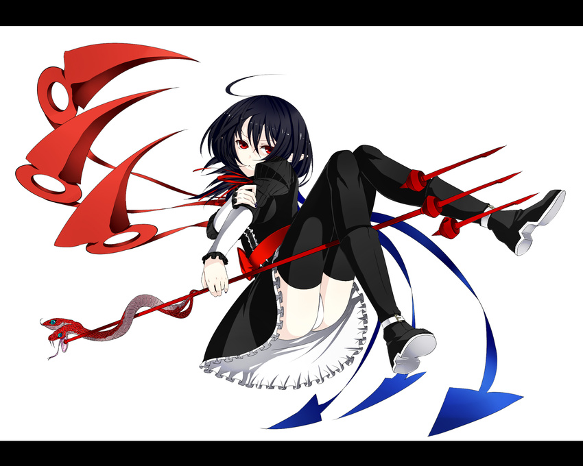 :&lt; asymmetrical_wings black_hair black_legwear blue_nails boots dress full_body highres houjuu_nue nail_polish panties pantyshot pointy_ears polearm red_eyes shinoi short_hair simple_background snake solo thighhighs touhou trident underwear weapon wings