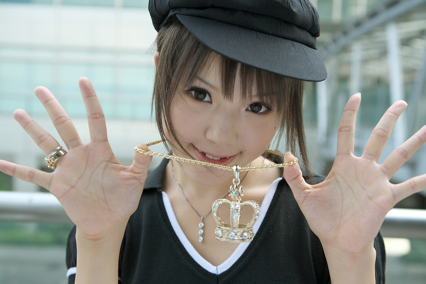 1girl asian bling brown_eyes brown_hair crown female hat jewelry kipi-san necklace photo ring short_hair smile solo