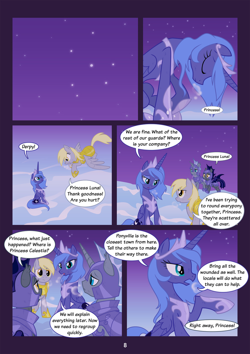 alicorn blonde_hair blue_hair comic crown cutie_mark derpy_hooves_(mlp) english_text equestria-prevails equine female feral friendship_is_magic grey_body group hair horn horse long_hair mammal my_little_pony night pegacorn pegasi_guard_(mlp) pegasus pony princess_luna_(mlp) royal_guard_(mlp) short_hair sky snow stars tail text unicorn winged_unicorn wings winter yellow_eyes