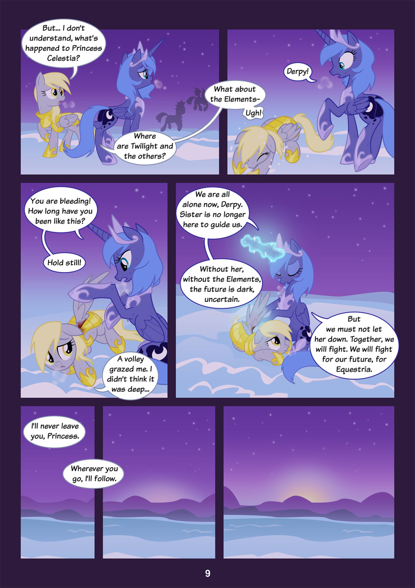 alicorn blood blue_hair comic crown cutie_mark derpy_hooves_(mlp) dialog dialogue english_text equestria-prevails equine female feral friendship_is_magic hair horn horse long_hair magic mammal my_little_pony night pegacorn pegasus pony princess_luna_(mlp) sky snow stars sunrise tail text winged_unicorn wings winter wounded