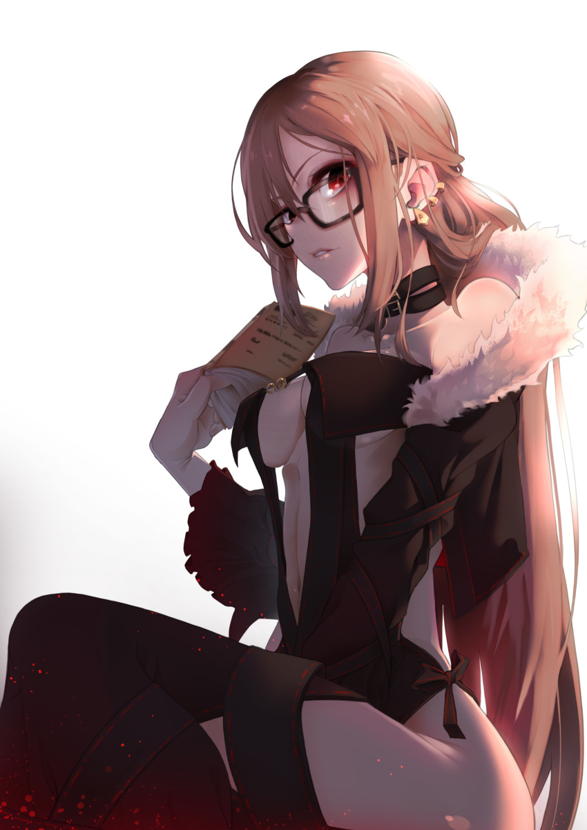 1girl bangs bare_shoulders black_dress book breasts brown_hair center_opening choker cleavage collarbone commentary consort_yu_(fate) dress earrings english_commentary fate/grand_order fate_(series) fur_trim glasses hair_between_eyes highres holding holding_book jewelry kidmukuro legs_crossed long_hair looking_at_viewer medium_breasts navel parted_lips red_eyes sideboob sidelocks sitting solo strapless strapless_dress thighs very_long_hair
