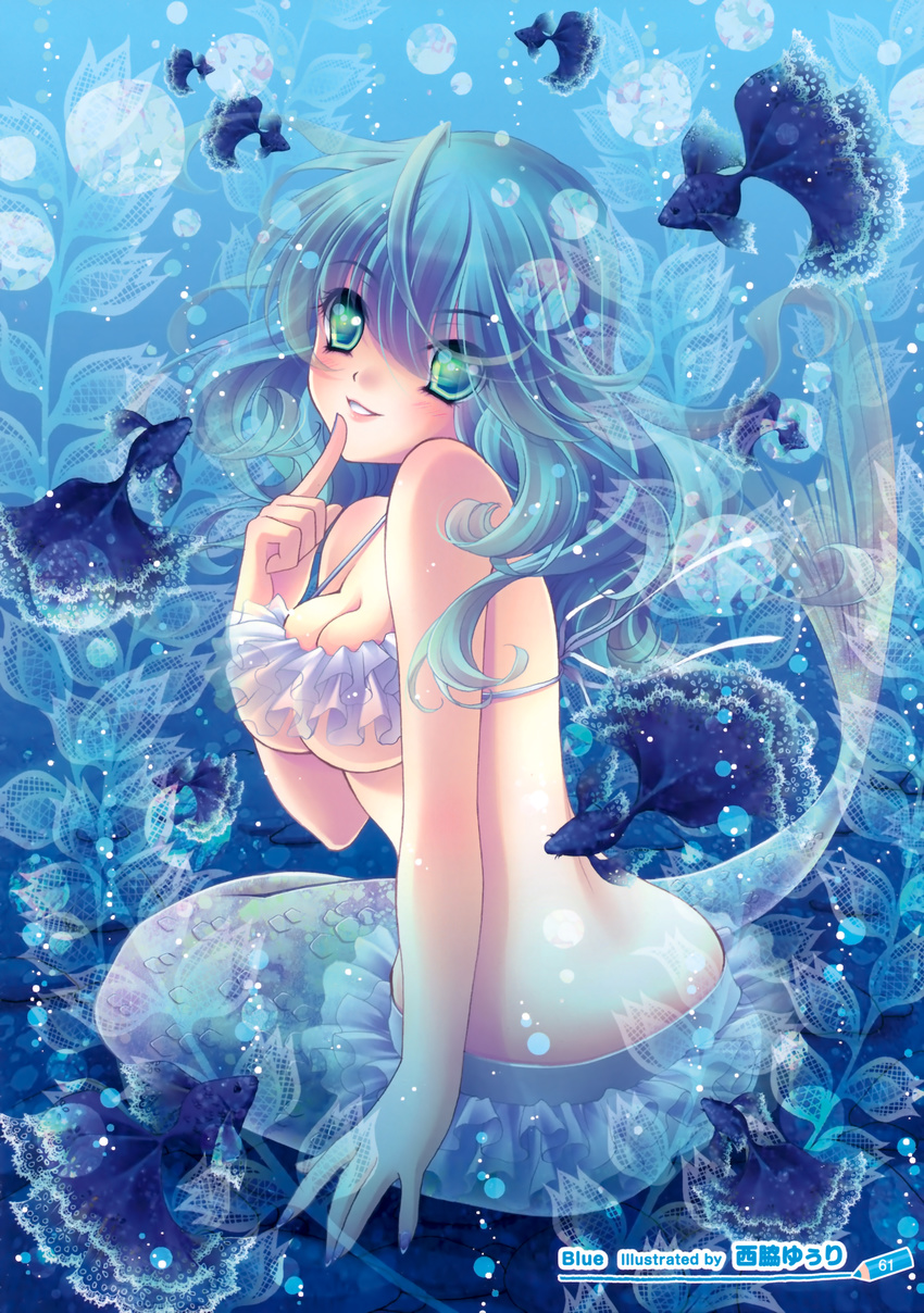 absurdres bikini_top blue blue_background blue_hair blush copyright_request fish green_eyes highres long_hair mermaid monster_girl nishiwaki_yuuri smile solo water