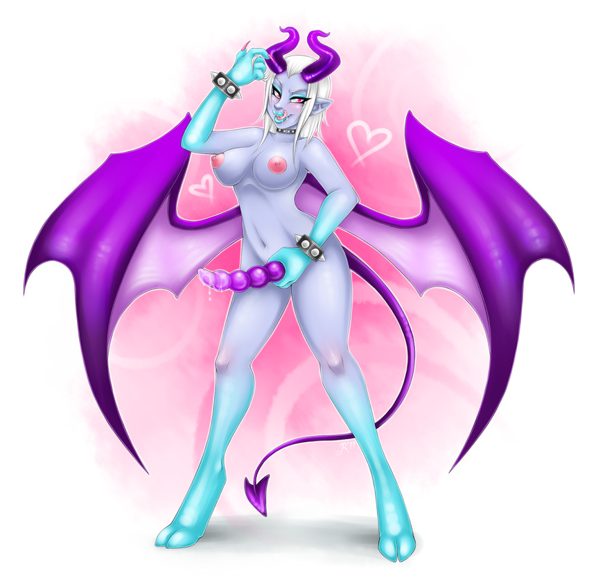 &hearts; &lt;3 birthmark blue_hooves blue_lips blue_skin bracelet breasts claws cloven_hooves collar demon demon_wings dildo female grin hair hooves horn jewelry licking licking_lips lips long_hair long_nails looking_at_viewer makeup markings nails naughty_face navel nipples not_furry nude pink_nails pointy_ears pose purple_horns red_eyes ribbed_penis roum saliva sex_toy simple_background socks_(marking) solo spade_tail spiked_bracelet spiked_bracelets spiked_collar spread_wings standing studded_collar tail thighs tongue tongue_out touching_hair twirling_hair white_body white_hair wings