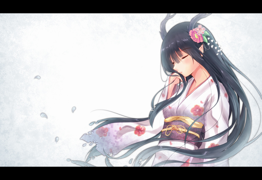 black_hair closed_eyes dragon_girl floral_print flower furisode hair_flower hair_ornament horns japanese_clothes kanzashi kimono letterboxed long_hair monster_girl new_year obi original petals plum_blossoms pointy_ears sash second_heaven solo white_background