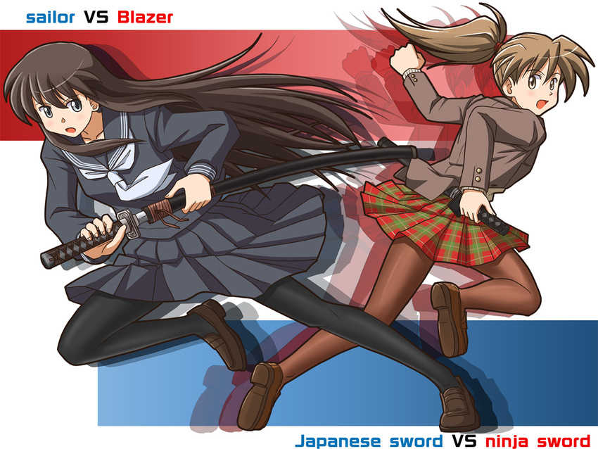 black_hair black_legwear blazer brown_hair brown_legwear jacket katana lielos multiple_girls original pantyhose poniko_(lielos) ponytail school_uniform sera_haruna skirt sword weapon