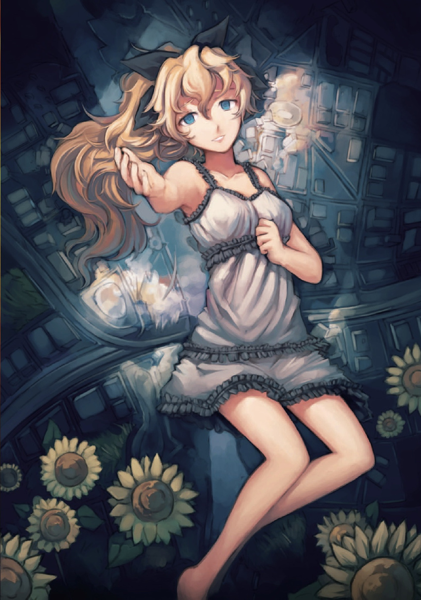 artbook bare_legs bare_shoulders barefoot blind blonde_hair blue_eyes bow commentary dress flower frilled_dress frills hair_bow highres jpeg_artifacts katawa_shoujo lips long_hair official_art outstretched_hand ponytail saimon_ma satou_lilly smile solo sunflower white_dress