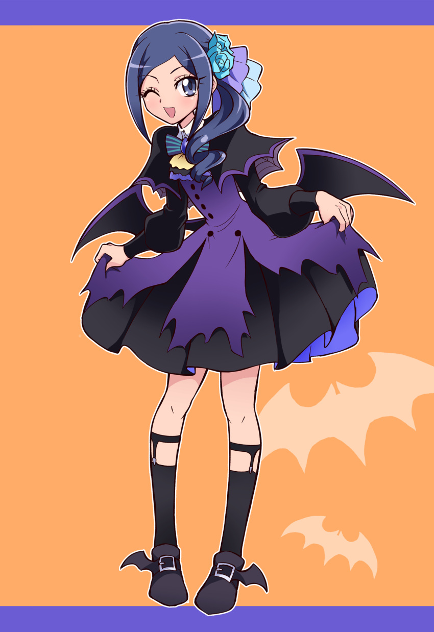 1girl ascot black_ascot black_capelet black_footwear black_hair black_socks blue_eyes brooch capelet commentary curtsey demon_wings dress flower full_body hair_flower hair_ornament hair_over_shoulder hair_ribbon halloween halloween_costume healin'_good_precure highres jewelry leaning_forward long_sleeves looking_at_viewer low_wings medium_dress official_alternate_costume one_eye_closed open_mouth orange_background precure purple_dress ribbon sawaizumi_chiyu shoes side_ponytail skirt_hold smile socks solo standing swept_bangs usoco wings