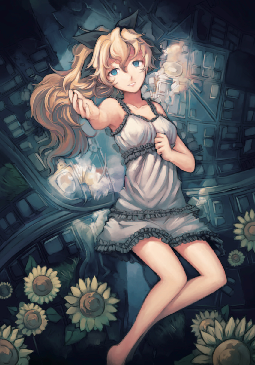 absurdres artbook bare_legs bare_shoulders barefoot blind blonde_hair blue_eyes bow commentary dress english_commentary flower frilled_dress frills hair_bow highres jpeg_artifacts katawa_shoujo lips long_hair official_art outstretched_hand ponytail saimon_ma satou_lilly skirt smile solo sunflower white_skirt