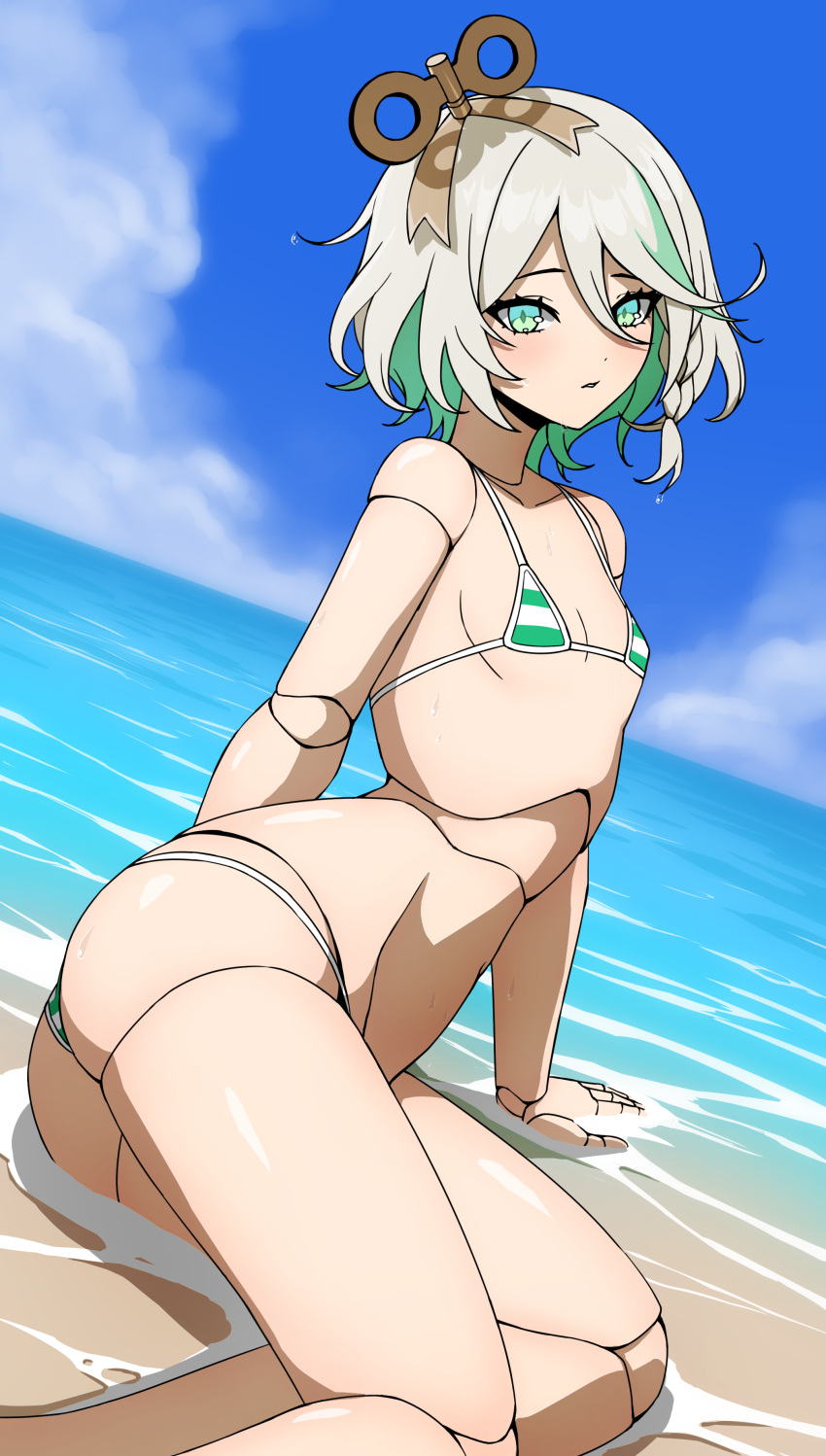1girl absurdres ass beach bikini blush cecilia_immergreen colored_inner_hair day daydarion doll_joints flat_chest green_eyes green_hair green_streaks grey_hair highres hololive hololive_english joints looking_at_viewer micro_bikini multicolored_hair ocean sand shiny_skin short_hair solo streaked_hair striped_bikini striped_clothes swimsuit virtual_youtuber water winding_key
