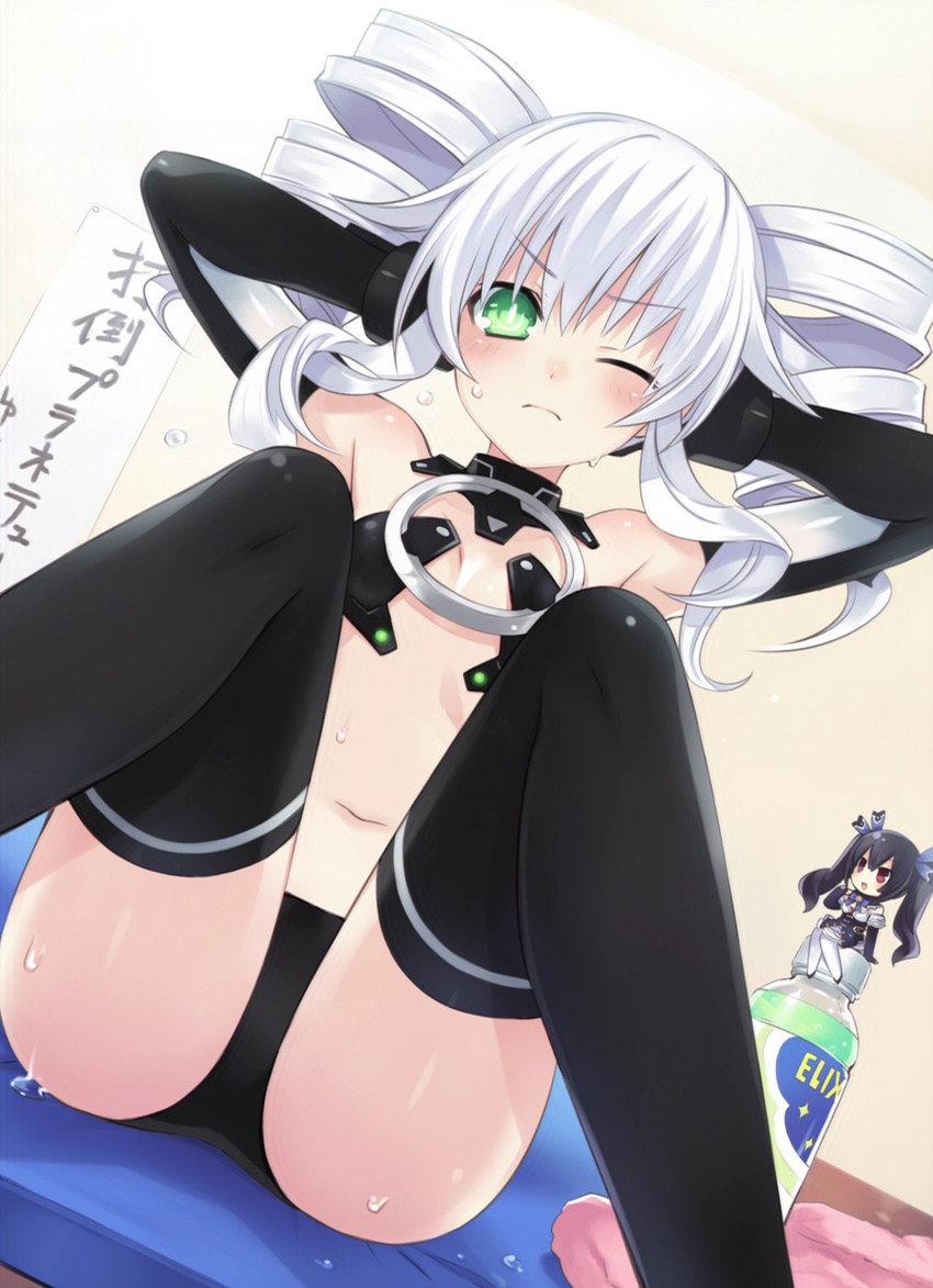 :d absurdres arms_behind_head arms_up black_legwear black_sister blush bottle chibi choujigen_game_neptune_mk2 drill_hair dutch_angle elbow_gloves exercise flat_chest frown gloves green_eyes hair_ribbon highres multiple_girls navel neptune_(series) noire official_art one_eye_closed open_mouth red_eyes ribbon short_hair siblings sisters sit-up sitting smile sweat symbol-shaped_pupils thighhighs tsunako twin_drills twintails white_hair