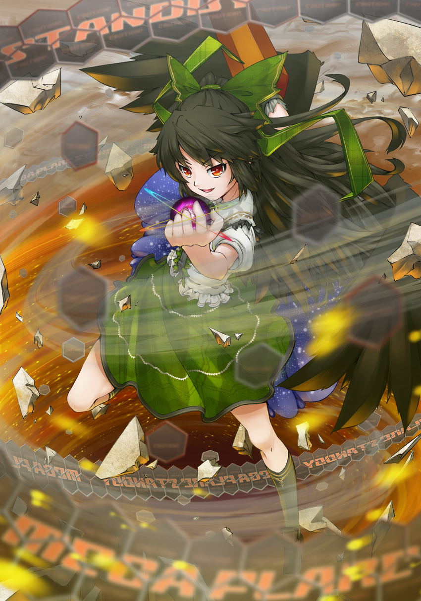 arm_cannon arm_up black_hair black_wings blurry bow broken_ground cape depth_of_field energy_ball from_above hair_bow hexagon highres hullzion long_hair red_eyes reiuji_utsuho shirt skirt smirk solo space third_eye touhou weapon wings