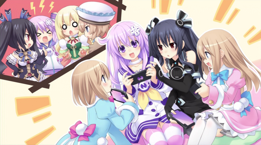 &gt;_&lt; :d :o bare_shoulders black_hair blanc blonde_hair blue_eyes blush bow brown_hair choujigen_game_neptune_mk2 closed_eyes collar cut-in d-pad d-pad_hair_ornament detached_collar detached_sleeves dress elbow_gloves emblem fingerless_gloves frilled_hat frills game_cg gloves hair_ornament hair_ribbon hat highres holding lightning_bolt long_hair long_sleeves looking_at_another multiple_girls nepgear neptune_(choujigen_game_neptune) neptune_(series) noire o_o official_art open_mouth outstretched_arm pantyhose playing_games profile purple_eyes purple_hair purple_legwear ram_(choujigen_game_neptune) red_eyes ribbon rom_(choujigen_game_neptune) school_uniform serafuku siblings sisters sitting smile striped striped_legwear thighhighs tsunako twintails two_side_up uni_(choujigen_game_neptune) vert white_gloves white_legwear