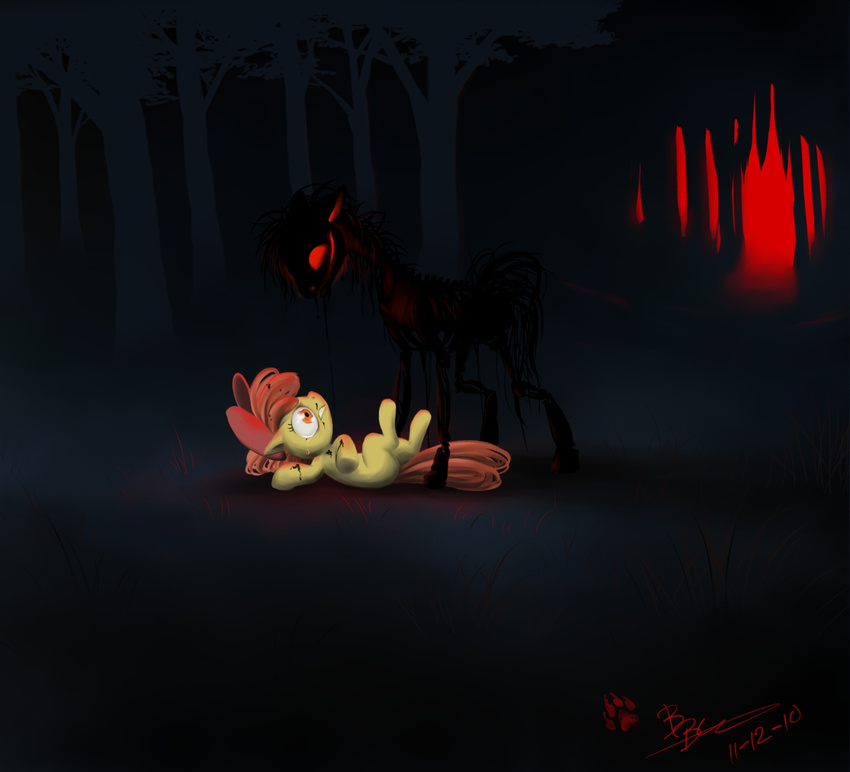 apple_bloom_(mlp) applebloom_(mlp) creepy crying cub equine female feral forest friendship_is_magic hair horse imminent_death imminent_doom mammal my_little_pony nightmare_fuel outside pony red_eyes red_hair smile story_of_the_blanks tail tears tree undead unknown_artist wood young zombie zombie_pony