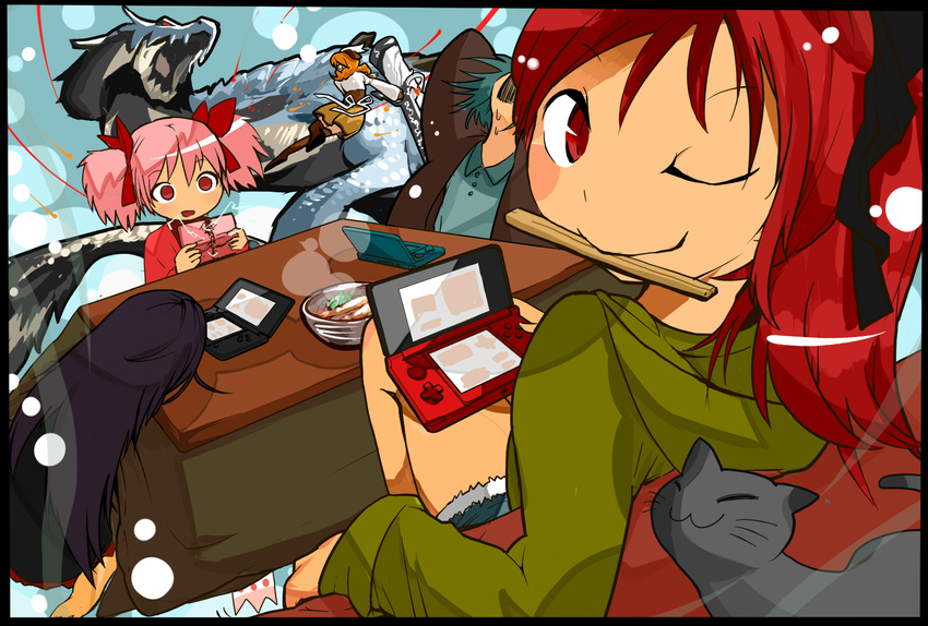 akemi_homura amy_(madoka_magica) black_cat black_hair blonde_hair blue_hair cat chopsticks dragon grin hair_ribbon handheld_game_console highres hood hoodie kaname_madoka kotatsu kyubey lagiacrus long_hair looking_back magical_girl mahou_shoujo_madoka_magica miki_sayaka monster_hunter monster_hunter_3_g mouth_hold multiple_girls nintendo_3ds no_legwear one_eye_closed pink_eyes pink_hair playing_games ponytail red_eyes red_hair ribbon sakura_kyouko shiotan short_hair shorts sleeping smile table thighhighs tomoe_mami